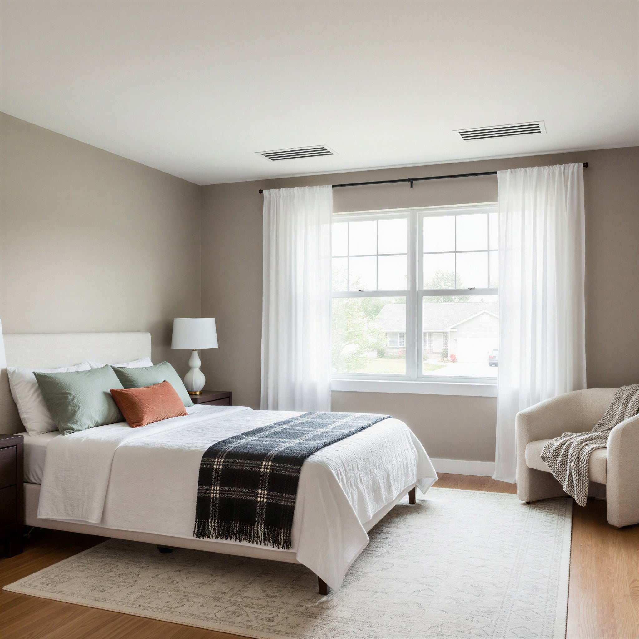 Bedroom with neutral color palette and large window with decorative vent covers in the ceiling.