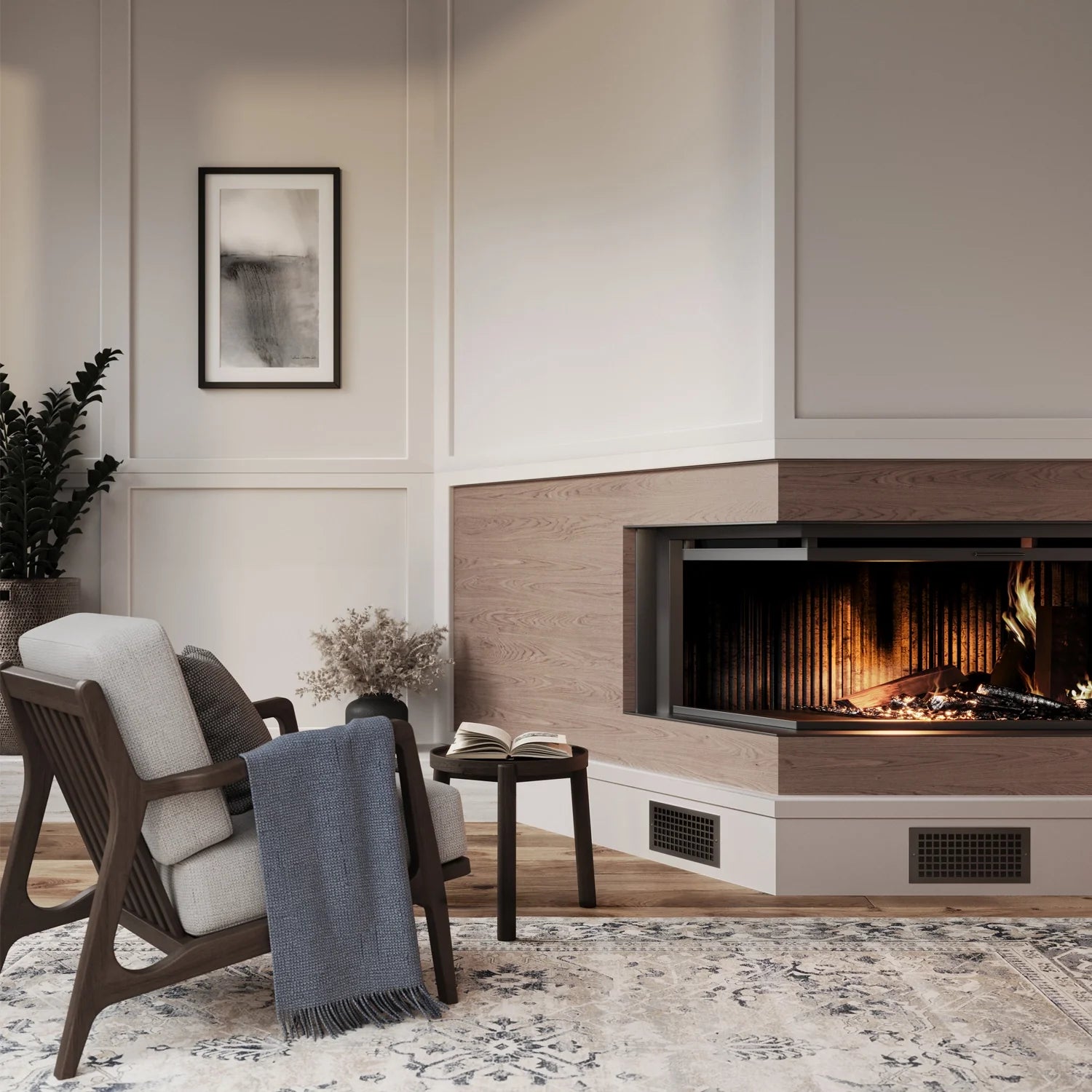 Cozy living room with two sided fireplace with air vents below the hearth with modern armchair in the foreground on a classic rug.
