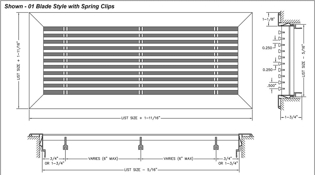 Aluminum Bar Linear Return - Grille (No Damper) for Floor Installation (Max 8" High) Vent Cover Dayus Register and Grille, Inc. - VCU
