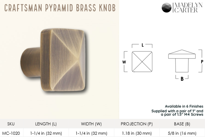 Craftsman Solid Brass Pyramid Cabinet Knob Cabinet Hardware Kay Hardware - VCU