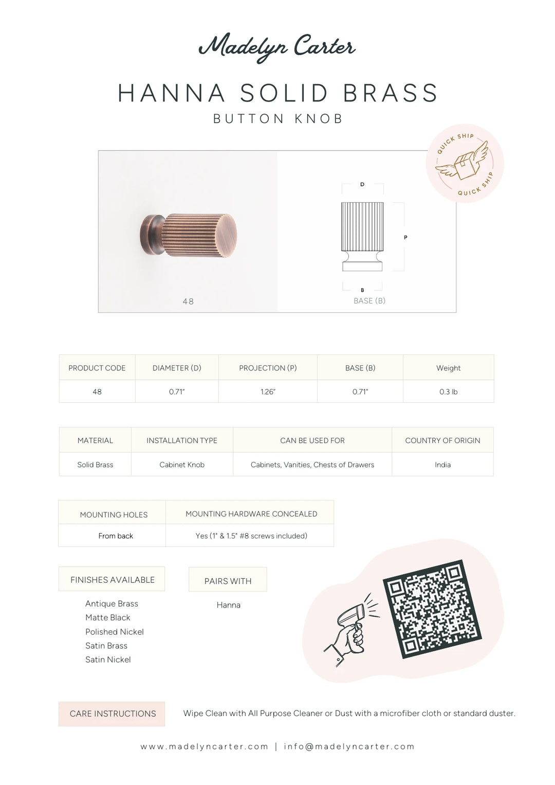 Hanna Solid Brass Button Knob Cabinet Hardware Kay Hardware - VCU
