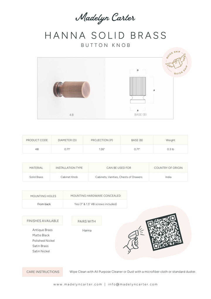 Hanna Solid Brass Button Knob Cabinet Hardware Kay Hardware - VCU