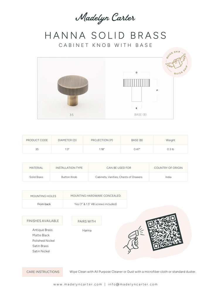 Hanna Solid Brass Cabinet Knob Cabinet Hardware Kay Hardware - VCU