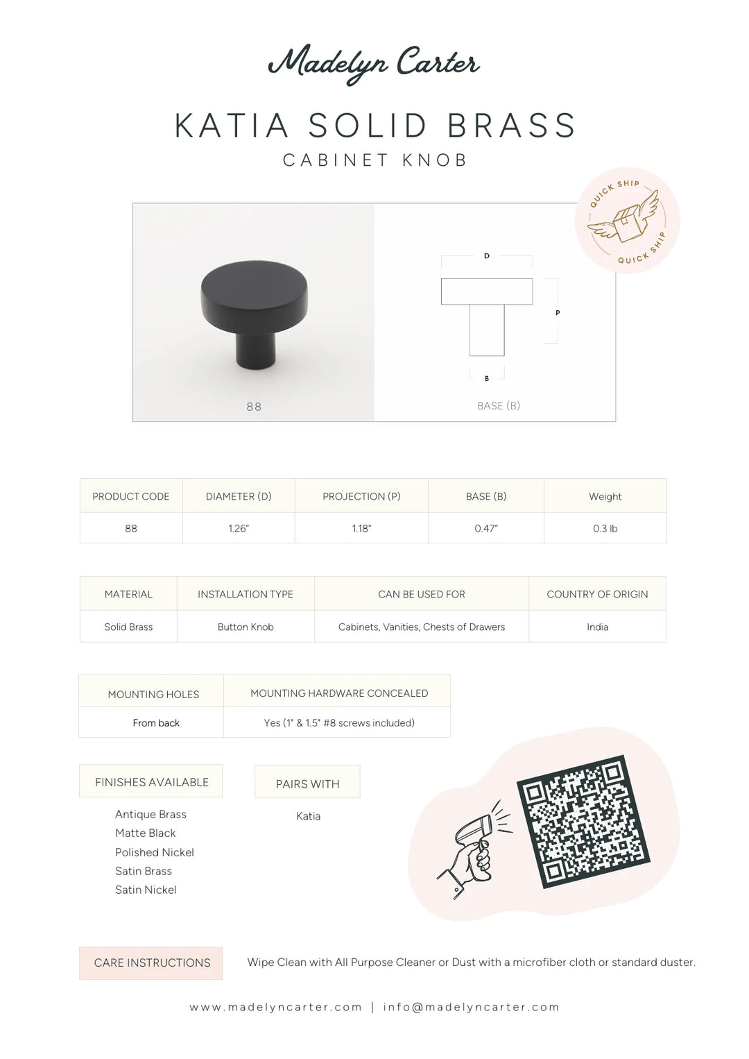 Katia Solid Brass Cabinet Knob Cabinet Hardware Kay Hardware - VCU