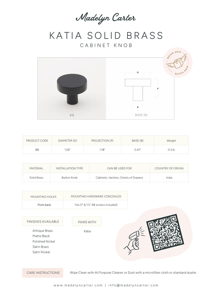 Katia Solid Brass Cabinet Knob Cabinet Hardware Kay Hardware - VCU