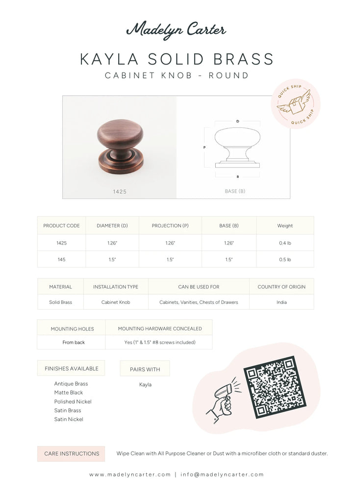 Kayla Solid Brass Round Knob Cabinet Hardware Kay Hardware - VCU